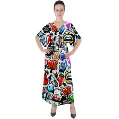 Graffiti Art Cartoon Comic V-neck Boho Style Maxi Dress by uniart180623