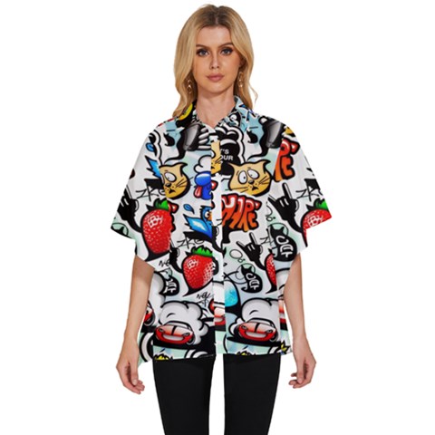 Graffiti Art Cartoon Comic Women s Batwing Button Up Shirt by uniart180623