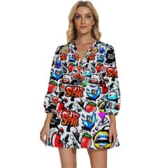 Graffiti Art Cartoon Comic V-neck Placket Mini Dress by uniart180623