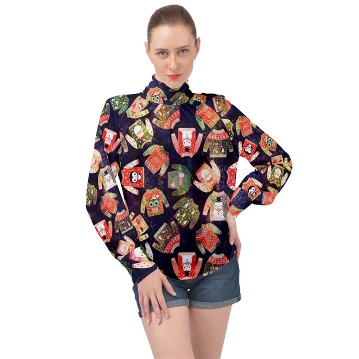 Ugly Christmas High Neck Long Sleeve Chiffon Top