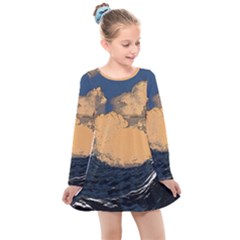 Waves Aesthetic Ocean Retro Sea Vintage Kids  Long Sleeve Dress