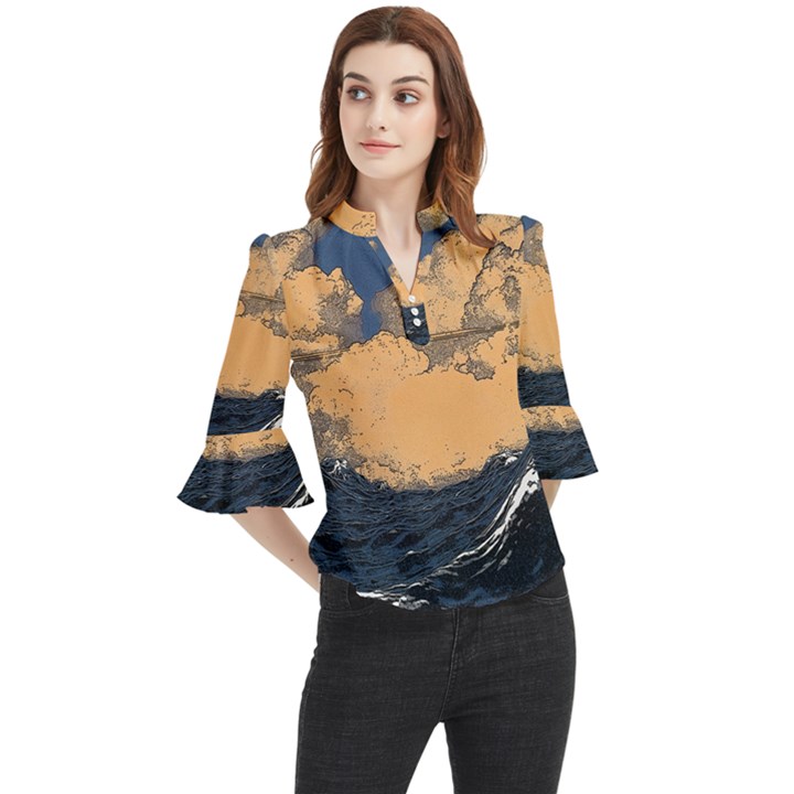 Waves Aesthetic Ocean Retro Sea Vintage Loose Horn Sleeve Chiffon Blouse