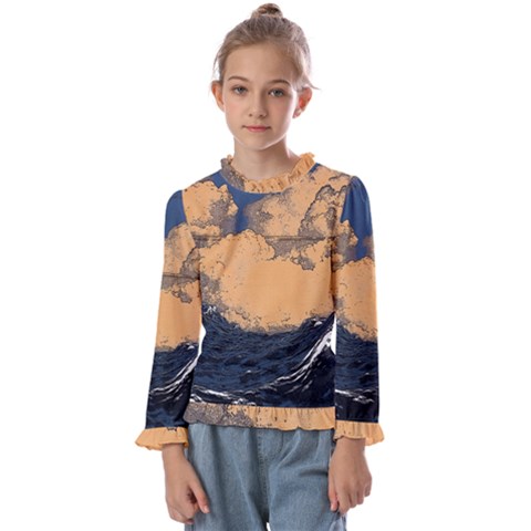 Waves Aesthetic Ocean Retro Sea Vintage Kids  Frill Detail Tee by uniart180623