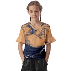 Waves Aesthetic Ocean Retro Sea Vintage Kids  V-neck Horn Sleeve Blouse