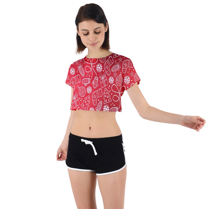 Christmas Pattern Red Tie Back Short Sleeve Crop Tee