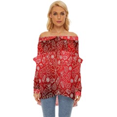 Christmas Pattern Red Off Shoulder Chiffon Pocket Shirt