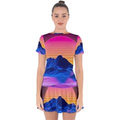 Sun Ultra Artistic 3d Illustration Sunset Drop Hem Mini Chiffon Dress by uniart180623