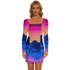 Sun Ultra Artistic 3d Illustration Sunset Long Sleeve Square Neck Bodycon Velvet Dress by uniart180623