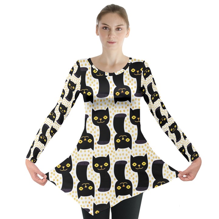 Black Cats And Dots Koteto Cat Pattern Kitty Long Sleeve Tunic 