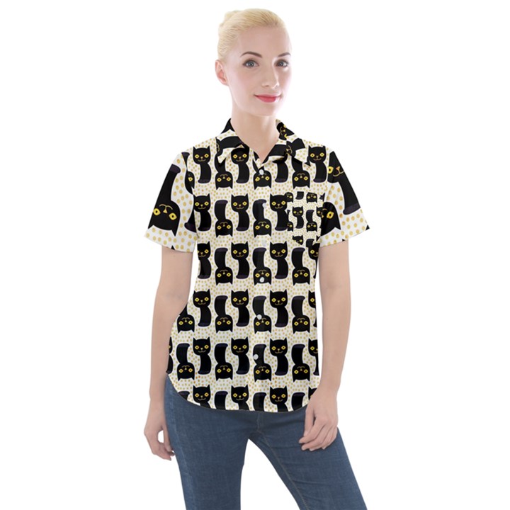 Black Cats And Dots Koteto Cat Pattern Kitty Women s Short Sleeve Pocket Shirt