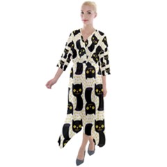 Black Cats And Dots Koteto Cat Pattern Kitty Quarter Sleeve Wrap Front Maxi Dress by uniart180623