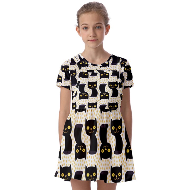 Black Cats And Dots Koteto Cat Pattern Kitty Kids  Short Sleeve Pinafore Style Dress