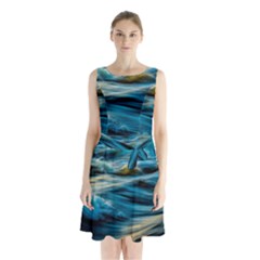 Waves Abstract Sleeveless Waist Tie Chiffon Dress by uniart180623