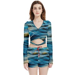 Waves Abstract Velvet Wrap Crop Top And Shorts Set by uniart180623