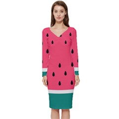 Watermelon Fruit Pattern Long Sleeve V-neck Bodycon Dress  by uniart180623