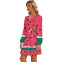 Watermelon Fruit Pattern Long Sleeve Waist Tie Ruffle Velvet Dress View2