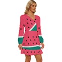 Watermelon Fruit Pattern Long Sleeve Waist Tie Ruffle Velvet Dress View3