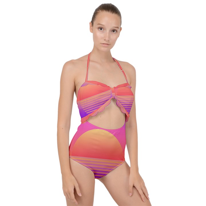 Sunset Summer Time Scallop Top Cut Out Swimsuit