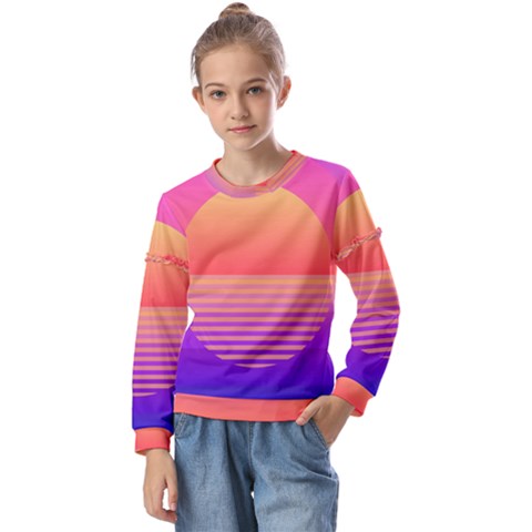 Sunset Summer Time Kids  Long Sleeve Tee With Frill  by uniart180623