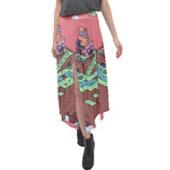 Minimal Digital Cityscape Velour Split Maxi Skirt