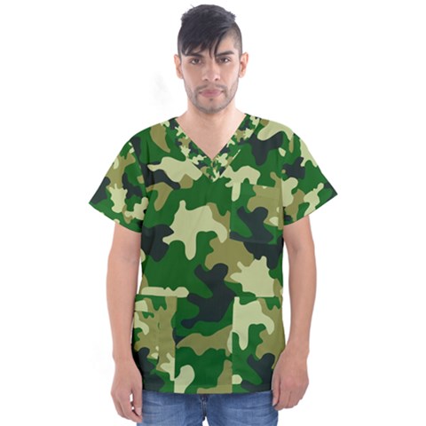 Green Military Background Camouflage Men s V-neck Scrub Top by uniart180623