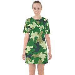 Green Military Background Camouflage Sixties Short Sleeve Mini Dress by uniart180623