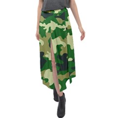 Green Military Background Camouflage Velour Split Maxi Skirt