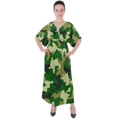 Green Military Background Camouflage V-neck Boho Style Maxi Dress by uniart180623