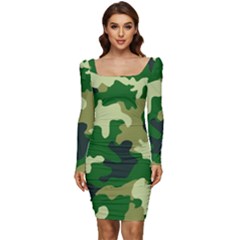 Green Military Background Camouflage Women Long Sleeve Ruched Stretch Jersey Dress by uniart180623