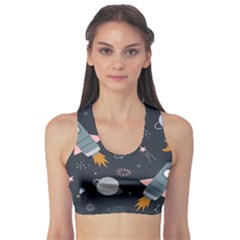 Space Background Illustration With Stars And Rocket Seamless Vector Pattern Fitness Sports Bra by uniart180623