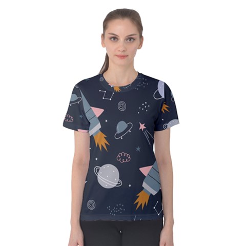 Space Background Illustration With Stars And Rocket Seamless Vector Pattern Women s Cotton Tee by uniart180623