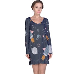 Space Background Illustration With Stars And Rocket Seamless Vector Pattern Long Sleeve Nightdress by uniart180623