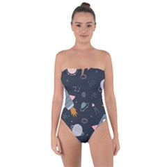 Space Background Illustration With Stars And Rocket Seamless Vector Pattern Tie Back One Piece Swimsuit by uniart180623