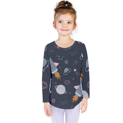 Space Background Illustration With Stars And Rocket Seamless Vector Pattern Kids  Long Sleeve Tee by uniart180623