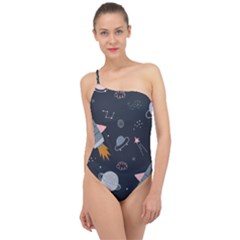 Space Background Illustration With Stars And Rocket Seamless Vector Pattern Classic One Shoulder Swimsuit by uniart180623