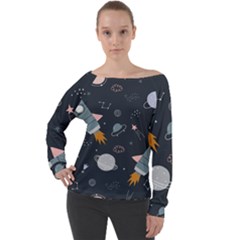 Space Background Illustration With Stars And Rocket Seamless Vector Pattern Off Shoulder Long Sleeve Velour Top by uniart180623