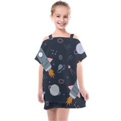 Space Background Illustration With Stars And Rocket Seamless Vector Pattern Kids  One Piece Chiffon Dress by uniart180623