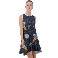 Space Background Illustration With Stars And Rocket Seamless Vector Pattern Frill Swing Dress by uniart180623