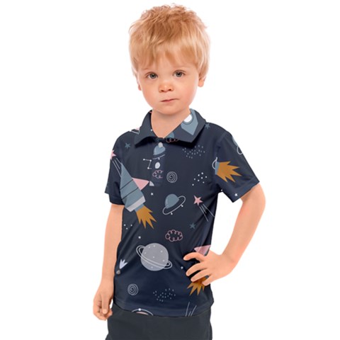 Space Background Illustration With Stars And Rocket Seamless Vector Pattern Kids  Polo Tee by uniart180623