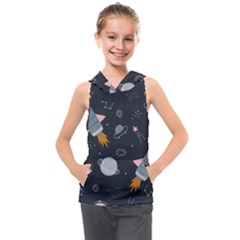 Space Background Illustration With Stars And Rocket Seamless Vector Pattern Kids  Sleeveless Hoodie by uniart180623