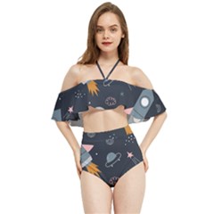 Space Background Illustration With Stars And Rocket Seamless Vector Pattern Halter Flowy Bikini Set  by uniart180623