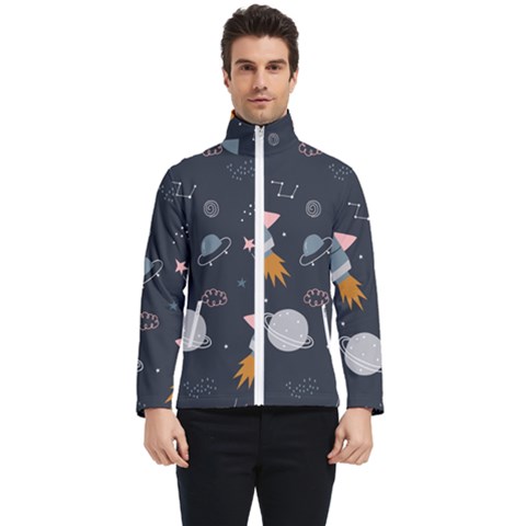 Space Background Illustration With Stars And Rocket Seamless Vector Pattern Men s Bomber Jacket by uniart180623