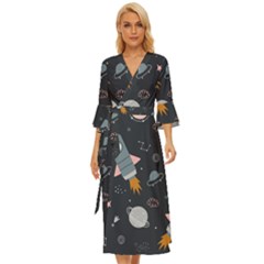 Space Background Illustration With Stars And Rocket Seamless Vector Pattern Midsummer Wrap Dress by uniart180623