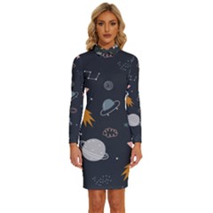 Space Background Illustration With Stars And Rocket Seamless Vector Pattern Long Sleeve Shirt Collar Bodycon Dress by uniart180623