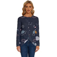 Space Background Illustration With Stars And Rocket Seamless Vector Pattern Long Sleeve Crew Neck Pullover Top by uniart180623