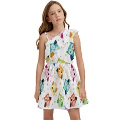 Owl Bird Kids  One Shoulder Party Dress by uniart180623