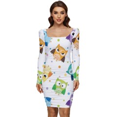 Owl Bird Women Long Sleeve Ruched Stretch Jersey Dress by uniart180623