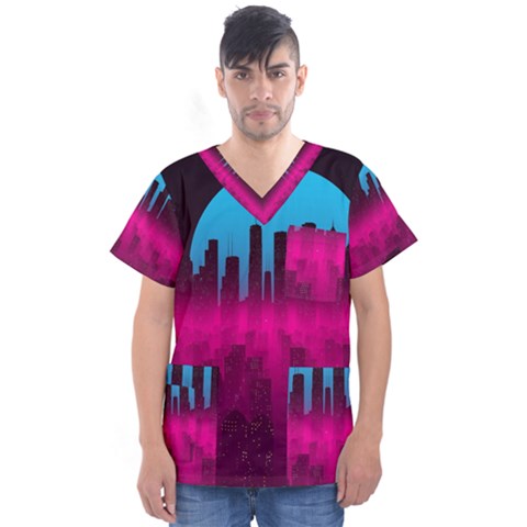 Futuristic Cityscape Men s V-neck Scrub Top by uniart180623