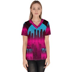 Futuristic Cityscape Women s V-neck Scrub Top by uniart180623