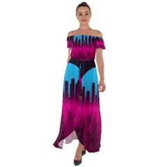 Futuristic Cityscape Off Shoulder Open Front Chiffon Dress by uniart180623